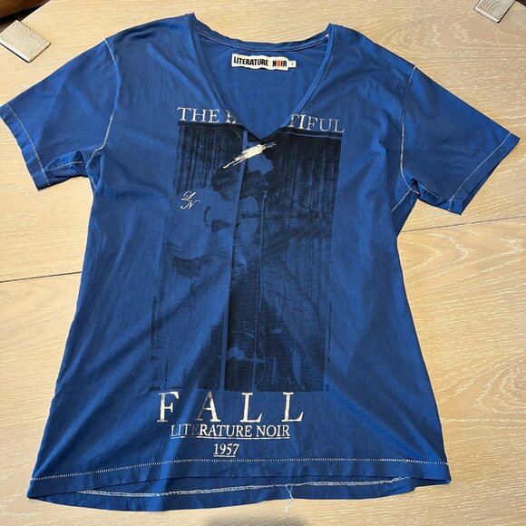 Literature Noir RARE Tee Womens Medium Blue Pulp Fiction Foil THE BEAUTIFUL FALL - Picture 5 of 12